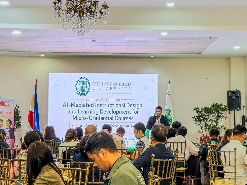 A full room of educators at the AI-Mediated Instructional Design seminar-workshop, Our Lady of Fatima University